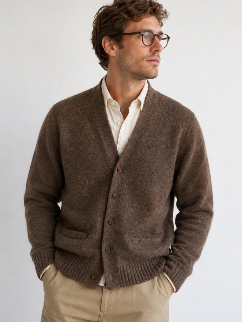 ALPS Men’s Wool Sweater Cardigan Vintage Brown V-Neck Grandpa core Minimalist